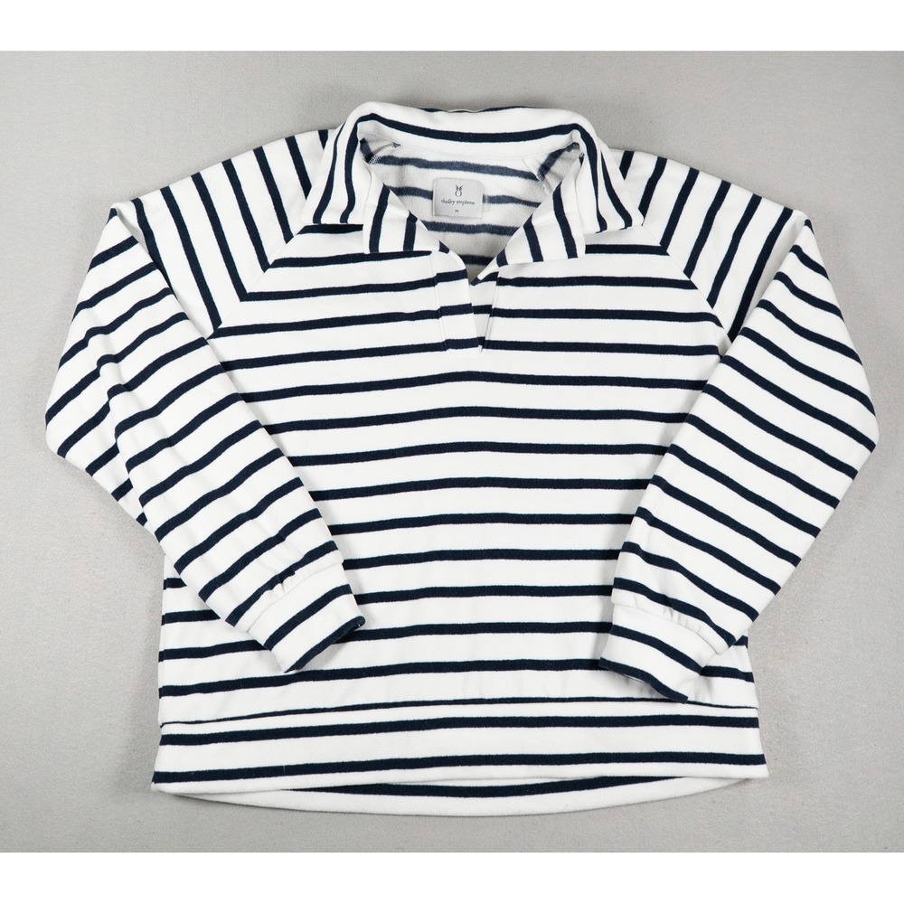 Dudley Stephens Womens Fleece Pullover Striped Split Collar White Navy Size M